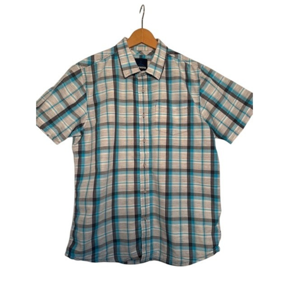 Prana Mens Plaid Short Sleeve Button Up Shirt Organic‎ Cotton Blend - Medium